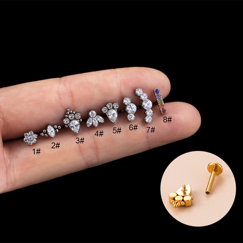 Internally Threaded Titanium Labret Stud Piercing Jewelry Zircon Flat Back Cartilage Tragus Helix Lip Ear Bone Small Stylish