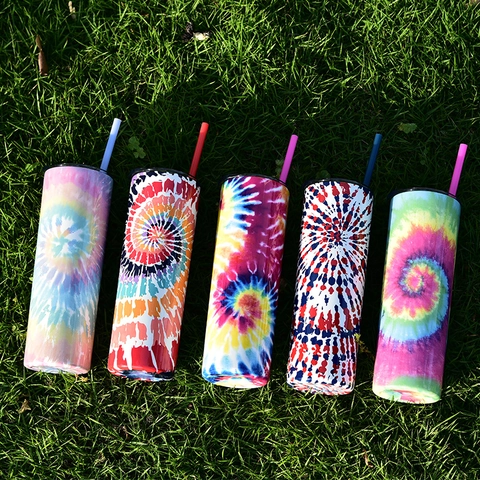 Double Wall 304 Stainless Steel Skinny Tumbler Insulated Straight Cup With Straw Lid Colorful Tie Dye Print