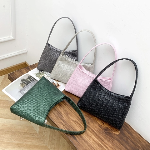 Woven Embossed PU Leather Underarm Bag Minimalist Solid Color Zipper Closure Vintage Shoulder Bag For Women Daily Fashion