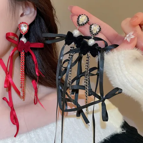 Pendientes De Lazo Con Borlas De Perlas Artificiales De Imitación Estrás Cinta De Satén Y Poste De Plata Joyería Vintage Elegante Para Mujeres