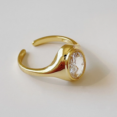 925 Sterling Silver Ring 18K Gold Plated Oval Zircon Minimalist Adjustable Open Band Jewelry Gift For Women Vintage