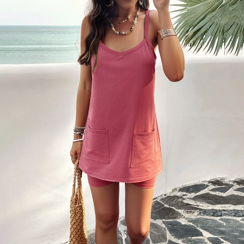 Dames Mouwloze Cami Top En Shorts Casual Zomervakantie Effen Kleur Met Zakken Katoen Polyester