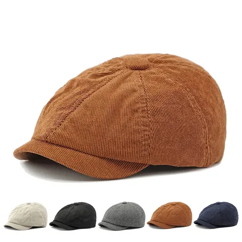 Vintage Corduroy Newsboy Cap Octagonal Cabbie Hat Solid Color Adjustable Retro British Style For Men Women Casual