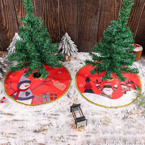 Gonna Per Albero Di Natale Tessuto Rotonda Bordo Dorato Stampa Pupazzo Di Neve Babbo Natale Decorazione Casa