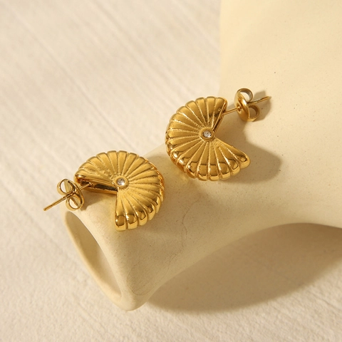 Pendientes De Botón En Forma De Abanico Acero Inoxidable Chapado En Oro 18K Textura Radiante Con Diamantes De Imitación Mujer