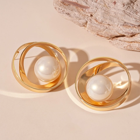 Pendientes De Aro Geométricos De Cobre Chapado En Oro Con Perla Artificial De Imitación Para Mujer Y Poste De Plata