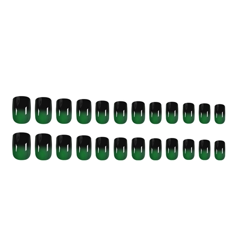 Uñas Postizas A Presión Degradado Verde Negro Efecto Ojo De Gato Cuadradas Desmontables Estilo Francés Simple Mujeres
