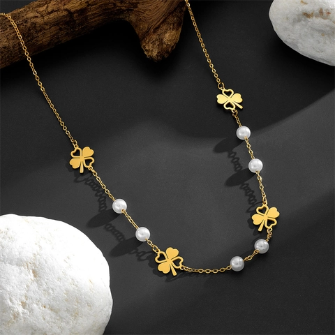 Collana Girocollo In Acciaio Inossidabile Placcato Oro Quadrifoglio Perla Artificial Donne Gioielli Eleganti Minimalisti Floreali