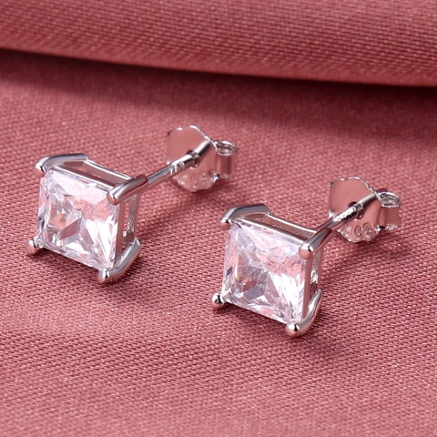 Classic 925 Sterling Silver Square Zirconia Stud Earrings Princess Cut Four Prong Inlaid Gold Silver Jewelry For Women Men