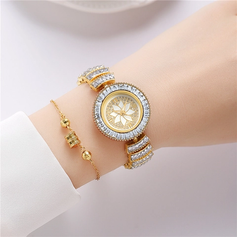 Damen Quarzuhr Luxus Strass Legierung Armband Blumen Zifferblatt Elegante Mode Armbanduhr