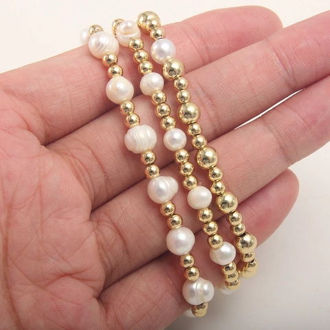 Pulsera De Perlas de Agua Dulce De Agua Dulce Barrocas Acero Inoxidable Chapado En Oro De 18K Elástica Cuentas Apilable Joyería