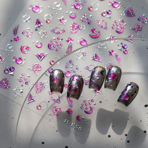 3D Metallic Relief Nail Art Stickers Celestial Star Moon Heart Planet Pattern Embossed Pink Purple Gradient DIY Manicure Decals