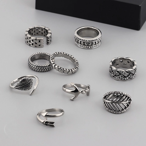Anillo Abierto de Acero Inoxidable Vintage Flecha Corazón Hoja Eros Strass Ajustable Niche Punk Joyería Para Hombre Mujer