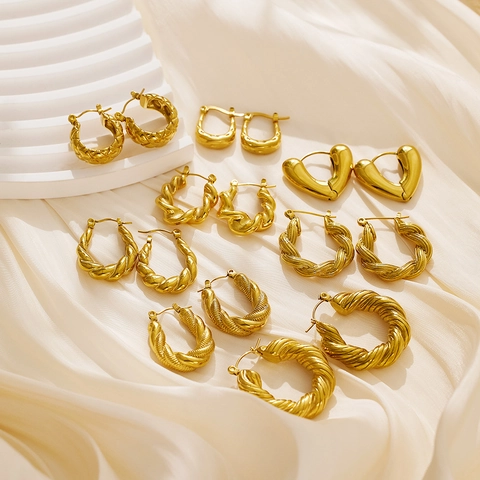 Twisted Hoop Earrings Gold Plated Stainless Steel Chunky U Shaped Heart Quilted French Vintage Jewelry For Women