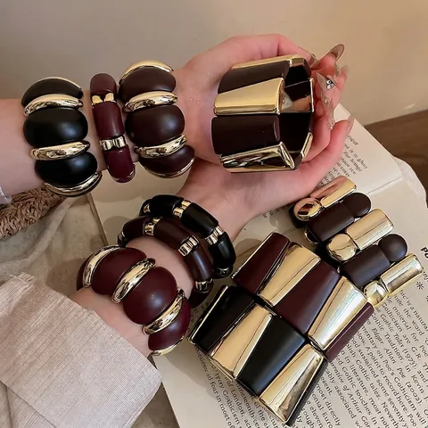 Bracciale Rigido Geometrico Vintage Da Donna Acrilico Resina Lega Tono Oro Elastico Gioielli Spessi Accessorio Moda
