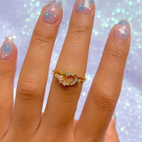 Star And Moon Rings Brass Micro Pave Zirconia Opal Inlaid Elegant Fashion Bohemian Jewelry For Women