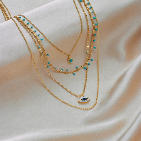 Lussuosa Collana Multistrato in Acciaio al Titanio Placcato Oro Malocchio Pendente in Turchese Artificiale Gioielli Donna