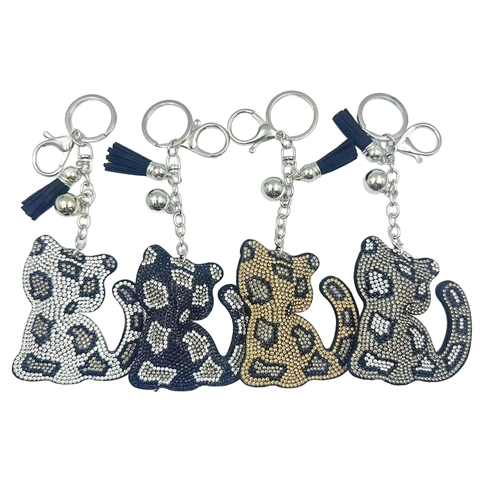Llavero De Gato Con Diamantes De Imitación Aleación Estampado De Leopardo Colgante De Bolso Con Borla Campana Regalo Lindo