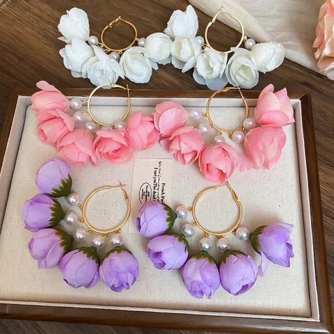 Pendientes De Aro Florales Con Flores De Tela Perlas Artificiales Y Poste De Plata Joyería Bohemia Romántica Para Mujer