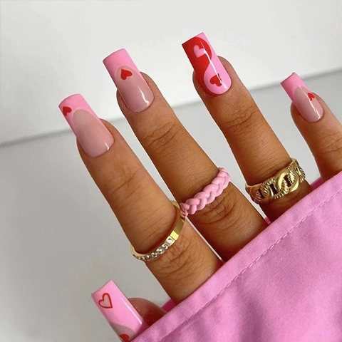 Press On Nails Valentine's Day Heart Pattern French Tip Long Coffin Square Sweet Romantic False Fingernails