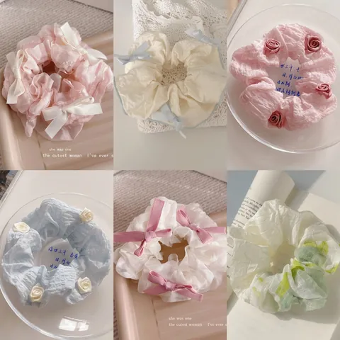 Scrunchies Tessuto Chiffon Organza Elastici Per Capelli Fiocco Rosa Perla Artificial Quadri Ricamato Dolce Elegante Accessori Capelli