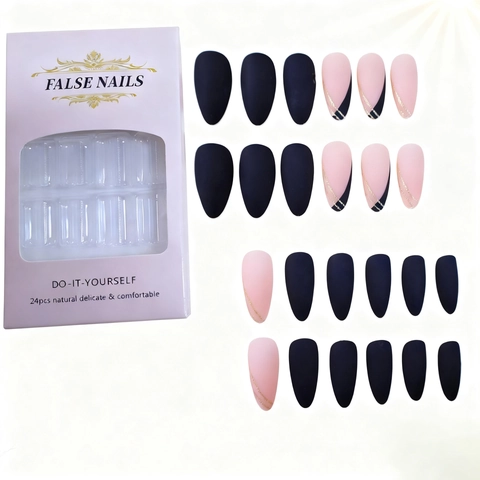 Uñas Postizas A Presión Negro Mate Con Líneas De Brillo Dorado Forma De Almendra Larga Estilo Francés ABS Para Mujeres