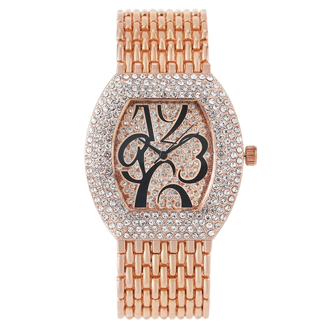 Luxury Women Quartz Watch Tonneau Shape Rhinestone Encrusted Metal Strap Artistic Arabic Numerals Sparkling Wristwatch
