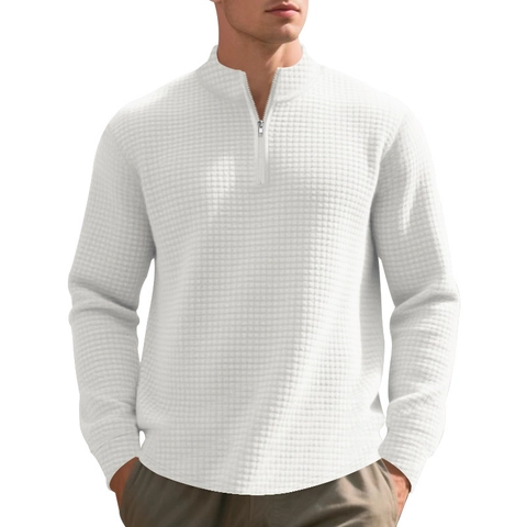 Sweatshirt En Tricot Gauffré Pour Hommes Quart De Zip Col Montant Décontracté Manches Longues Pull Léger Mode Couleur Unie