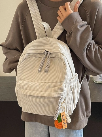 Sac À Dos En Velours Côtelé Mode Petit Sac De Jour Décontracté Pour Étudiantes Avec Porte-Clés Fruits Crocheté