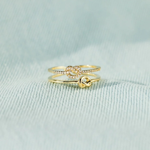 925 Sterling Silver Gold Plated Double Layer Heart Knot Open Ring With Pavé Cubic Zirconia Adjustable Fashion For Women