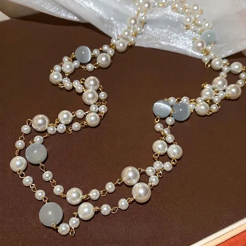 Collana A Doppio Strato Stile Palazzo Francese Vintage Con Künstliche Perle In Resina E Pietra Occhio Di Gato Catena Lunga Lega