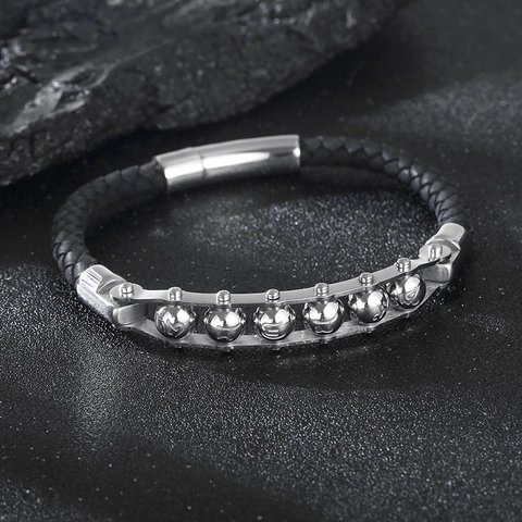 Pulsera Hombre Cuero Trenzado Acero Inoxidable Cuentas Mantra Cierre Magnético Joyería Punk Étnica