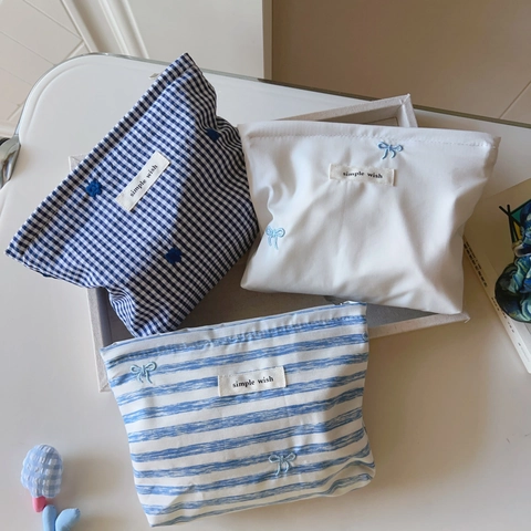 Bolsa De Cosméticos Lona Algodón Neceser Rayas Cuadros Gingham Bordado Lazo Cremallera Organizador De Viaje Pequeño Portátil