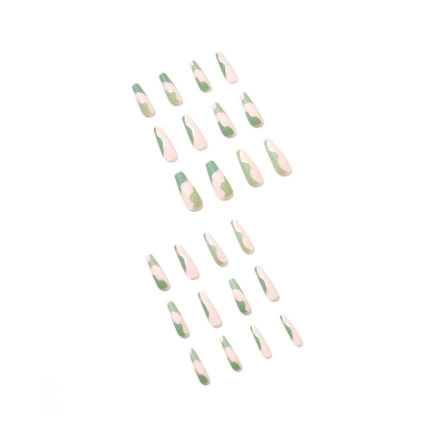 Matte Sage Green Pink Color Block Coffin Press On Nails With Gold Foil Wave Design French False Nails For Women