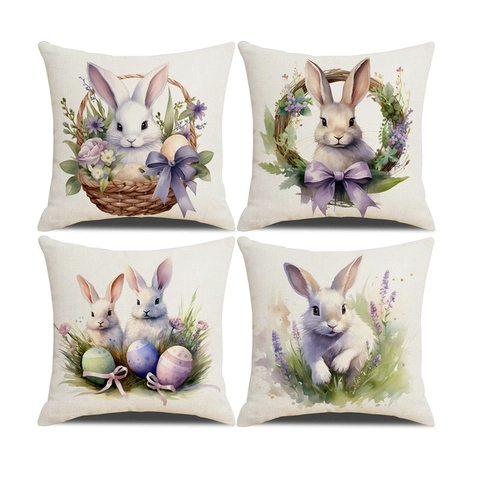 Osterhasen Kissenbezüge Aquarell Kaninchen Blume Leinenmischung Dekorative Kissenhülle Für Sofa Zuhause Wohnzimmer Dekor