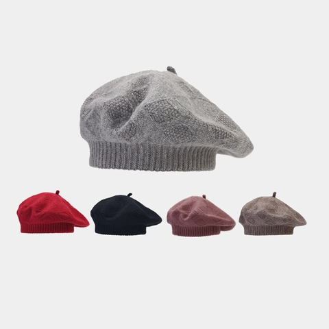 French Retro Knit Beret Hat Rabbit Hair Blend Diamond Pattern Warm Solid Color Vintage Painter Hat Women