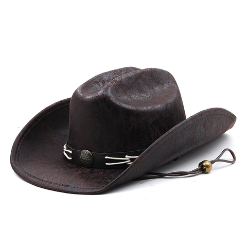 Western Cowboy Hat Vintage Cracked Faux Leather Wide Brim Sun Protection With Adjustable Wind Rope Retro Style