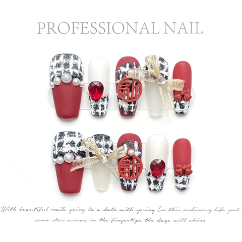 Handmade Press On Nails Red White Black Tweed Patterns Matte Rhinestones Artificial Pearls Bows Elegant Reusable Festive Manicure