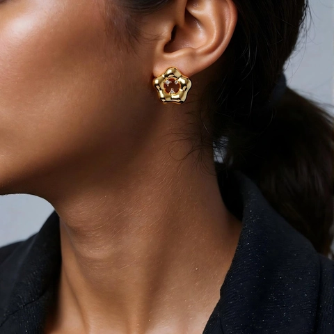 Heart Stud Earrings 18K Gold Plated Stainless Steel Zircon Hammered Textured Elegant Jewelry For Women Non-Tarnish