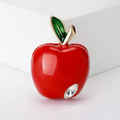 Spilla Mela Rossa In Lega Smalto Frutta Strass Cristallo Elegante Accessorio Da Donna