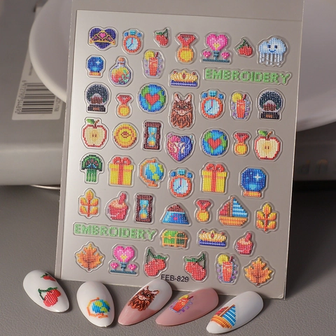 Stickers Nail Art 5D En Relief Style Broderie Pixel Art Imperméables Auto-adhésifs Manucure DIY Pour Femmes Filles