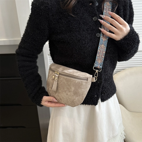 Vintage PU Leather Half Moon Shoulder Crossbody Bag With Bohemian Ethnic Print Wide Adjustable Strap Double Zipper