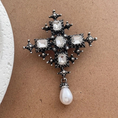 Spilla A Croce Gotica Vintage Da Donna Lega Strass Barocco Pendente Perla Artificial A Goccia Spille Eleganti
