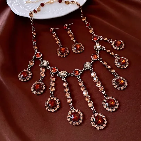 Set Gioielli Vintage Lega Strass Cristallo Stile Palazzo Collana Orecchini Pendenti Perno Argento Lusso Donna