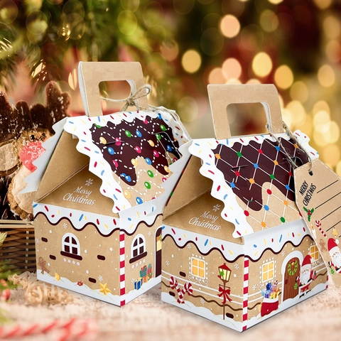Weihnachts Lebkuchenhaus Geschenkboxen Kraftpapier Süßigkeiten Verpackung Mit Griff Band Anhänger Weihnachtsmann Schneemann Druck Partyartikel