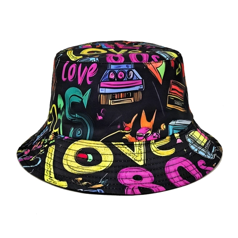 Retro 80er Jahre Graffiti Print Fischerhut Buntes Love Muster Vintage Streetwear Sonnenschutz Outdoor Hut