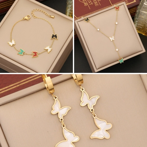 Colorful Butterfly Stainless Steel Gold Plated Necklace Bracelet Earrings Elegant Trendy Fashion For Women