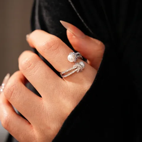 Anillo Abierto De Nudo De Cobre Con Circonita Y Perla Artificial Estilo Vintage Francés Joyería De Dedo Ajustable Para Mujer