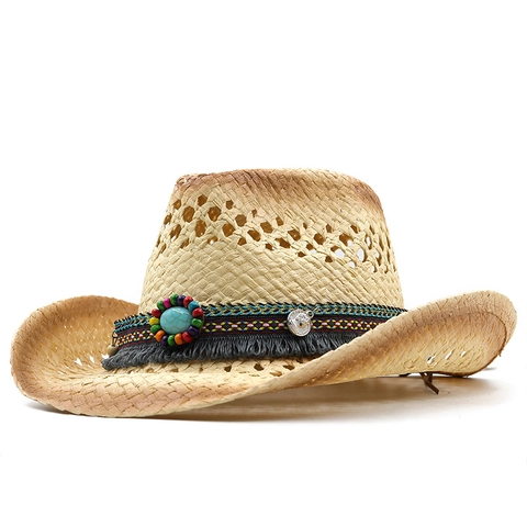 Western Straw Cowboy Hat Hollow Breathable Gradient Wide Brim Ethnic Bead Turquoise Stone Tassel Sun Shade For Women Men