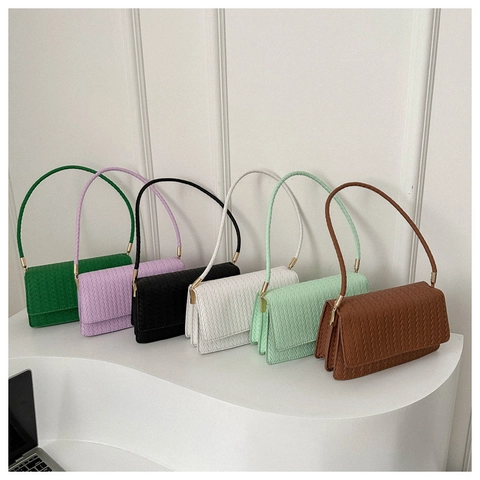 Sac à Épaule en Cuir PU Tissé Minimaliste Pour Femme Mode Couleur Unie Rectangulaire à Rabat Sac Sous le Bras Sac Quotidien